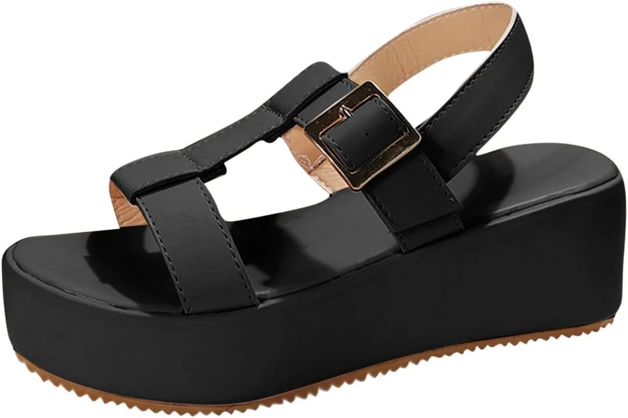 Platform Sandals Women Solid Color Leather Vamp Orthopedic Sandals Adjustable Ankle Buckle Sandal Open Toe Non-Slip Shoes High Heel Thick Sole Shoes