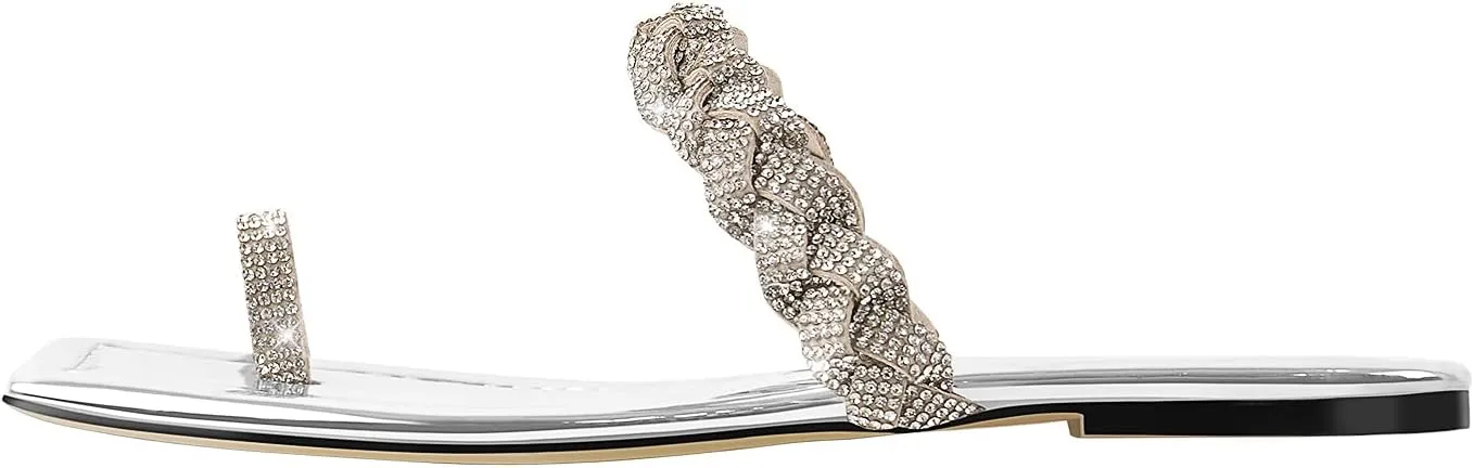 Richealnana Women's Toe Ring Rhinestones One Band Flat Sandals