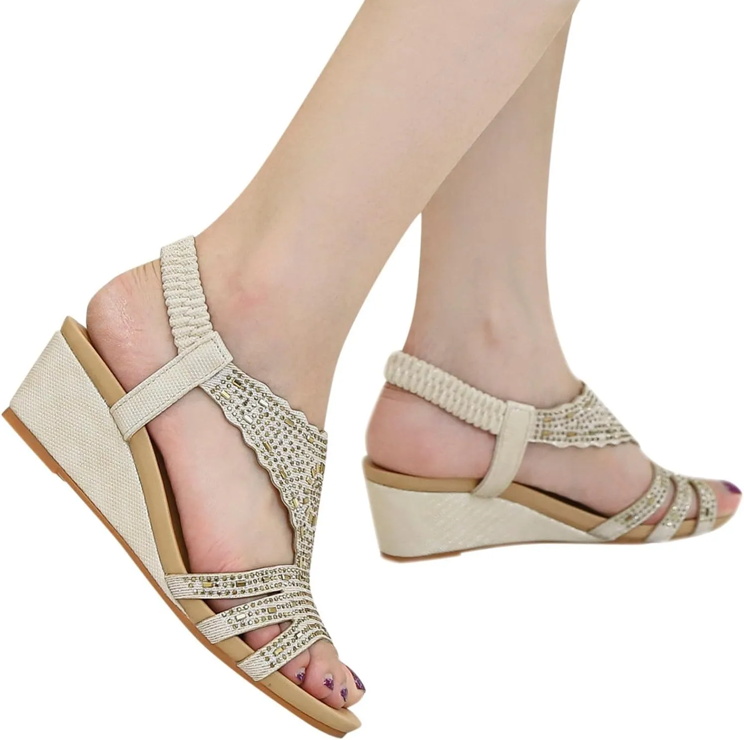 Sandals For Ladies Womens Wedges Shoes Elastic Band Casual Bohemian Sandals Boho Shoes for Women Open Toe High Heels