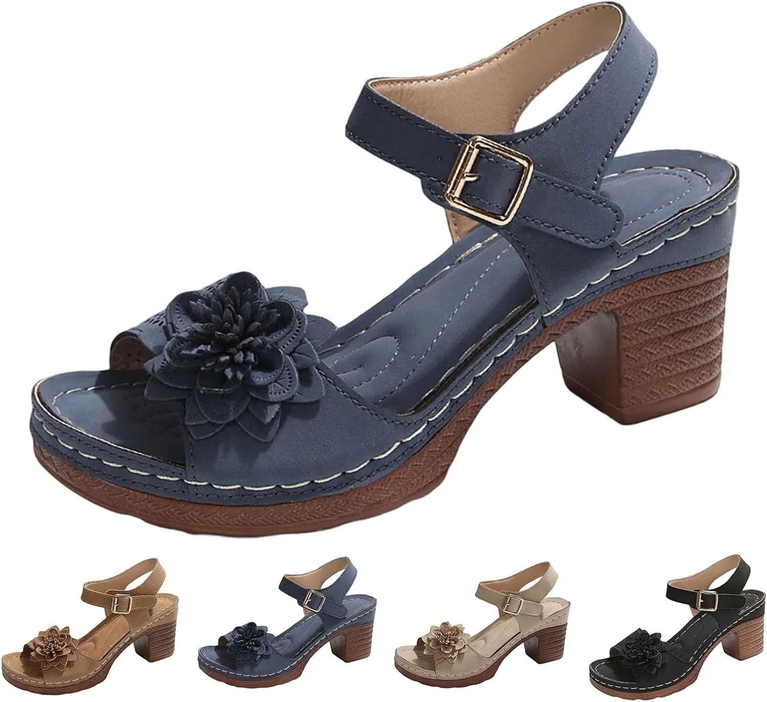 Sandals for Women 2025 Suede Platform Chunky Heel Retro Sandals with Adjustable Buckle Fashion Platform Block Heels