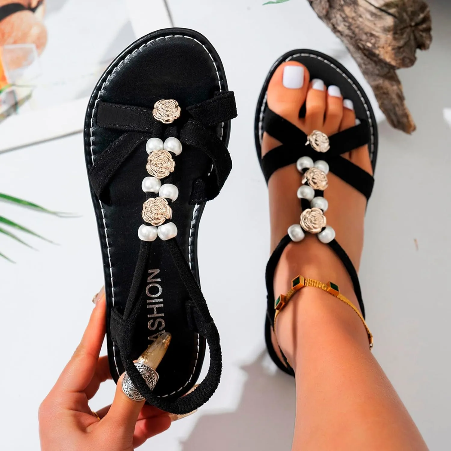 Sandals for Women 2025 Summer Beach Flat Sandals Elastic Ankle Strap Dressy Sandals Holiday Bohemian Shoes