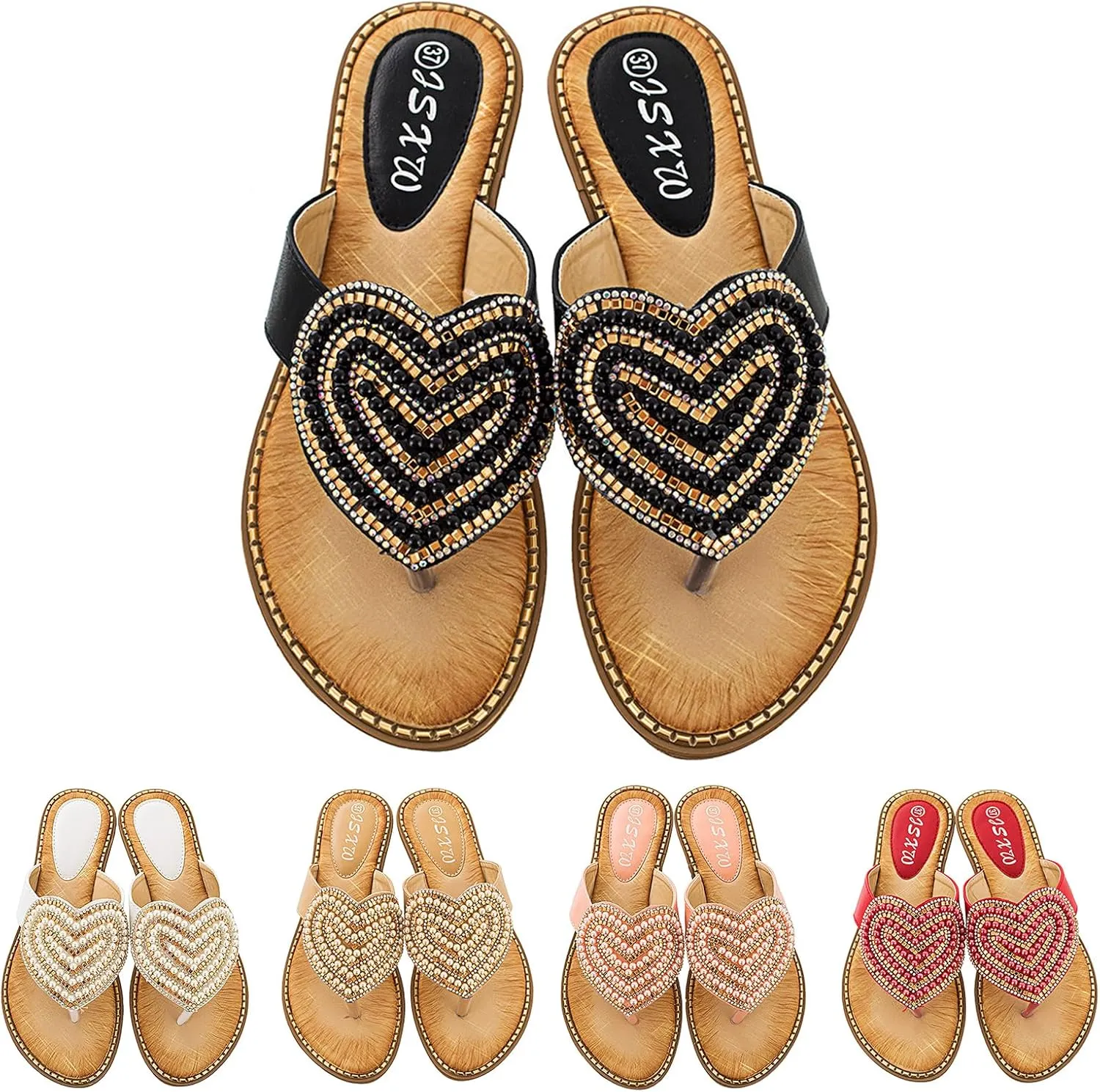Sandals for Women 2025 Summer Comfort Flat Slide Sandal Casual Bling Bohemian Thong Slip on Beach Flats Shoes Beaded Sandals in the Shape of a Heart