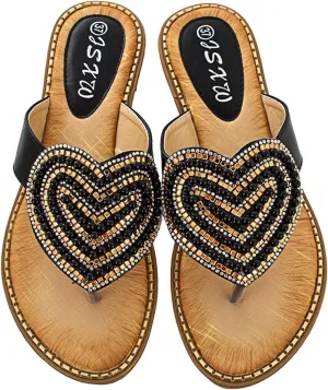 Sandals for Women 2025 Summer Comfort Flat Slide Sandal Casual Bling Bohemian Thong Slip on Beach Flats Shoes Beaded Sandals in the Shape of a Heart