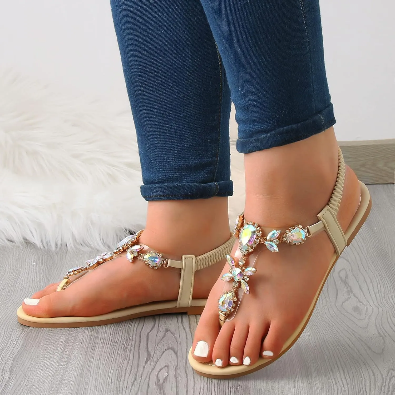 Sandals for Women Rhinestone Boho Sandals Summer Dressy Wedding Shoes Bohemian Flat Sandal Cute Bride Sandal