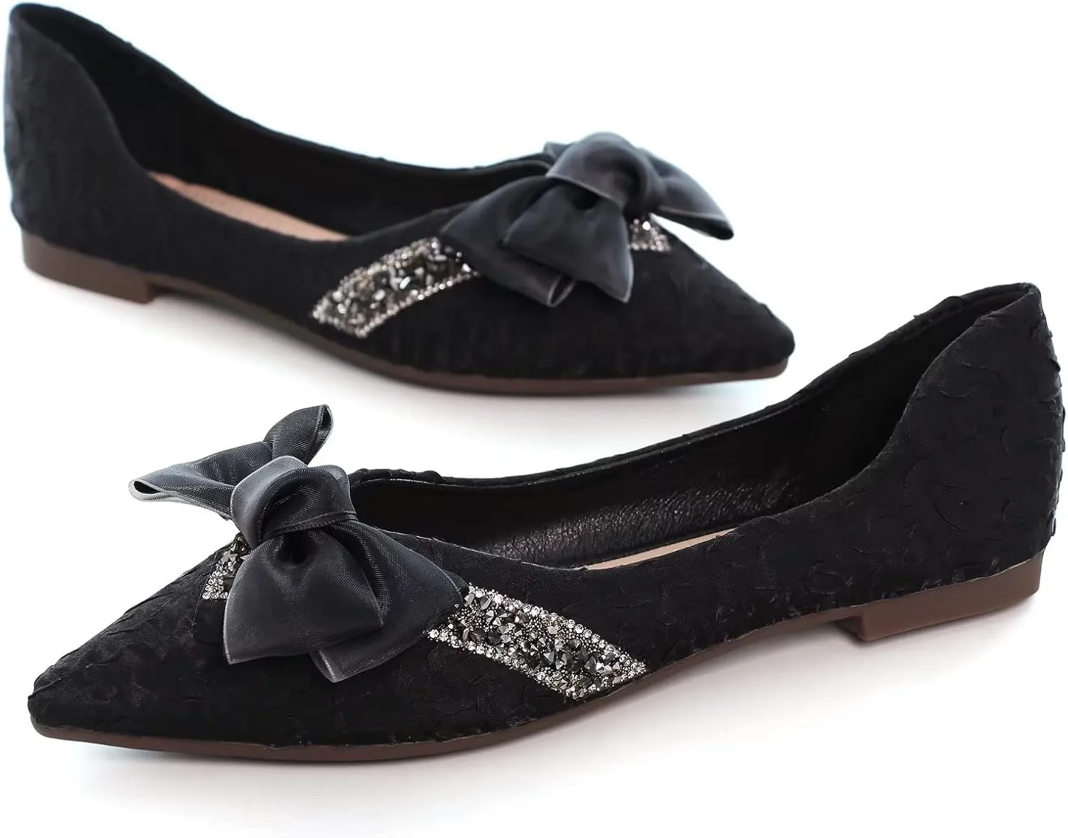 Stunner Bowknot Ballet Flats for Women Cute Bowtie Slip on Pointy Toe Rhinestone Dress Flat Shoes Loarfers