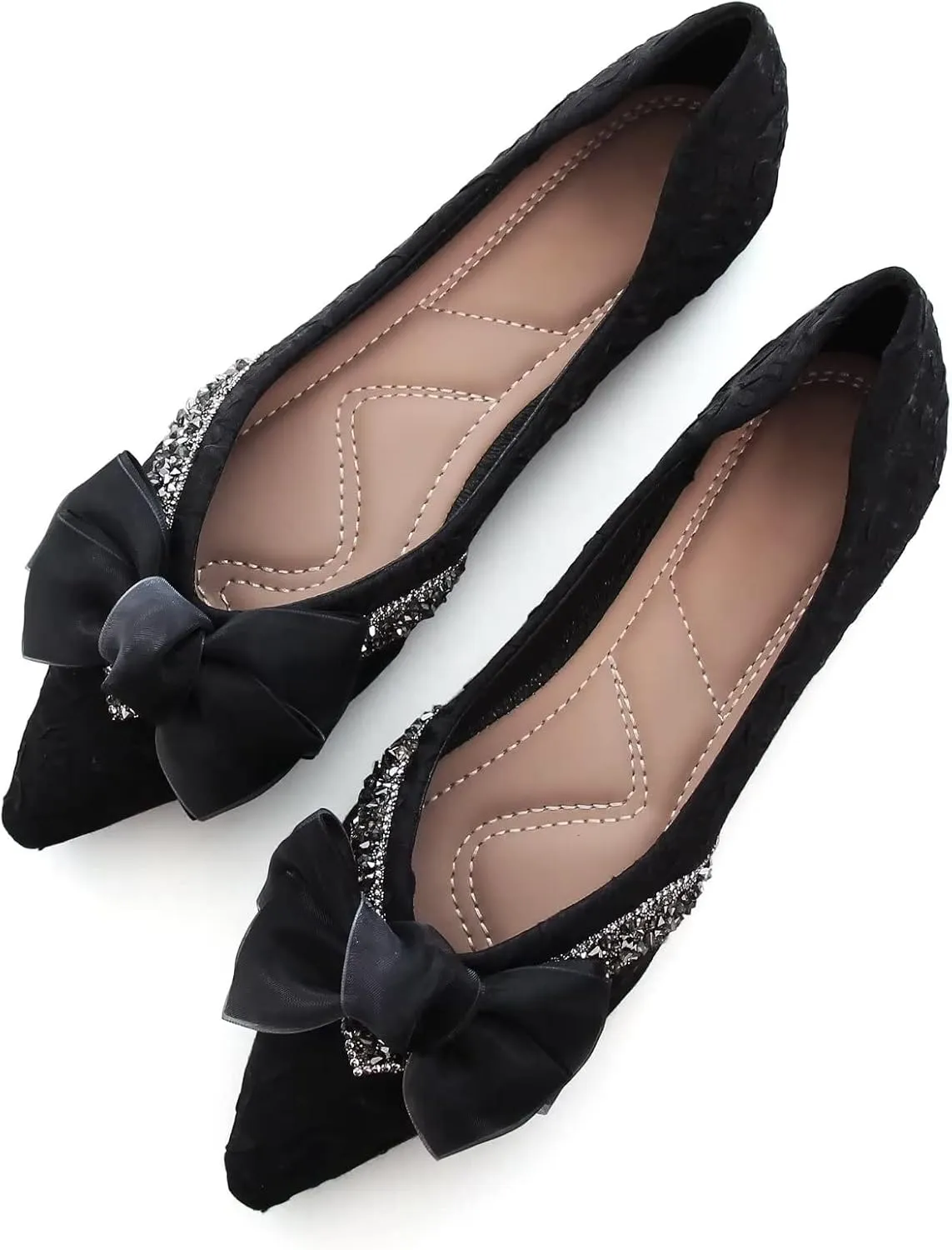 Stunner Bowknot Ballet Flats for Women Cute Bowtie Slip on Pointy Toe Rhinestone Dress Flat Shoes Loarfers