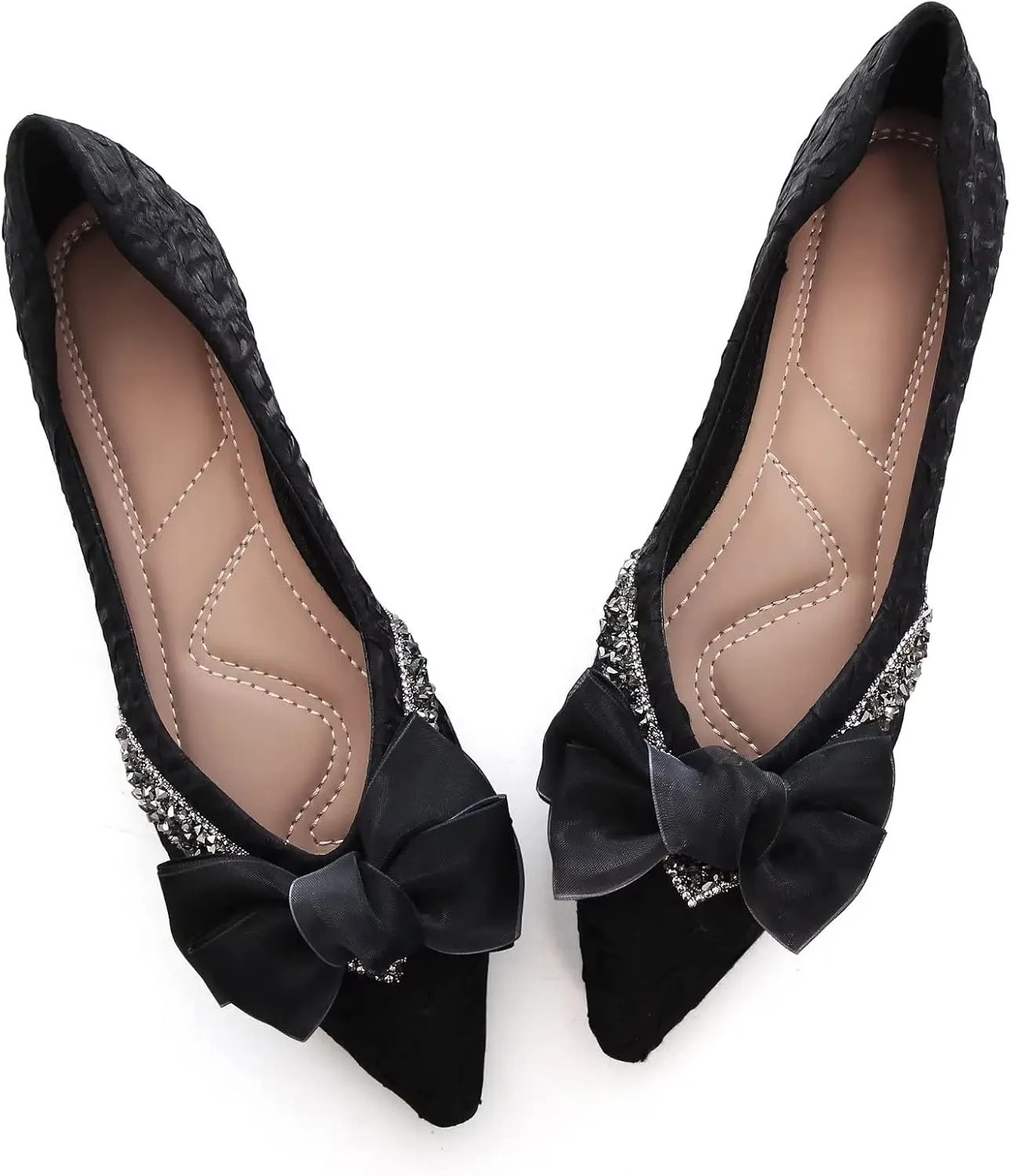 Stunner Bowknot Ballet Flats for Women Cute Bowtie Slip on Pointy Toe Rhinestone Dress Flat Shoes Loarfers