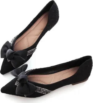 Stunner Bowknot Ballet Flats for Women Cute Bowtie Slip on Pointy Toe Rhinestone Dress Flat Shoes Loarfers