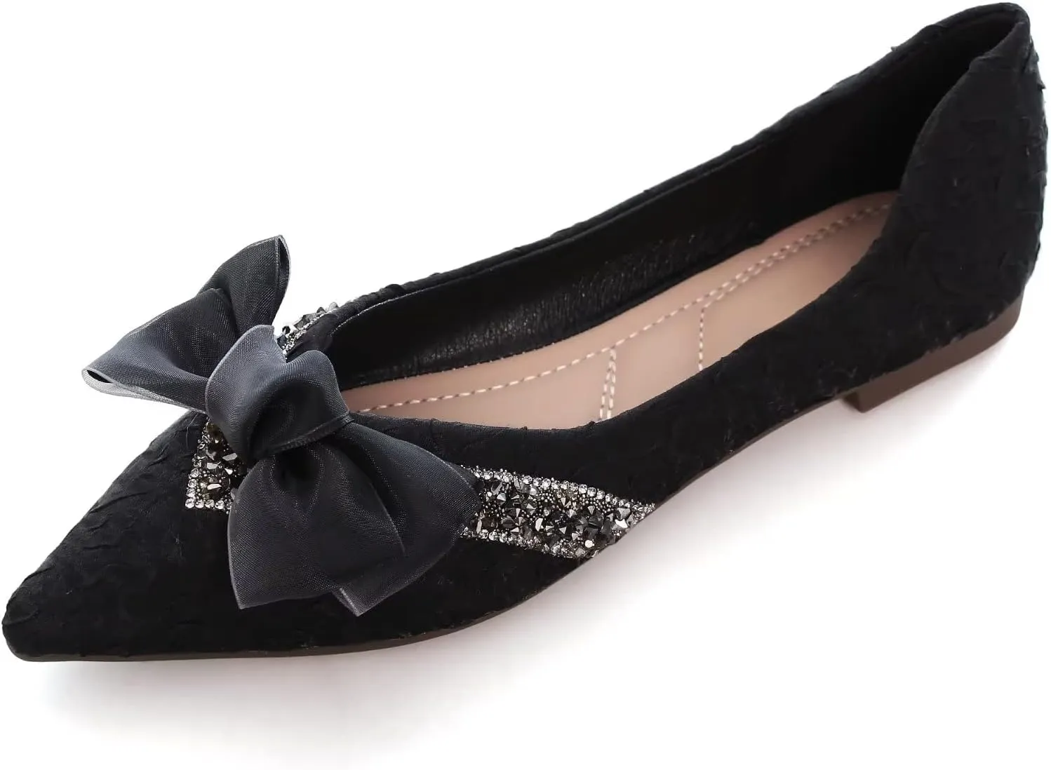Stunner Bowknot Ballet Flats for Women Cute Bowtie Slip on Pointy Toe Rhinestone Dress Flat Shoes Loarfers