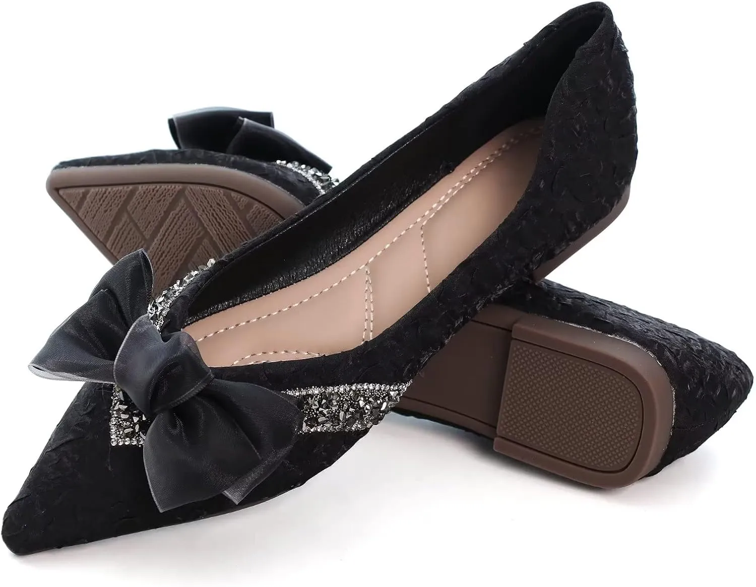 Stunner Bowknot Ballet Flats for Women Cute Bowtie Slip on Pointy Toe Rhinestone Dress Flat Shoes Loarfers