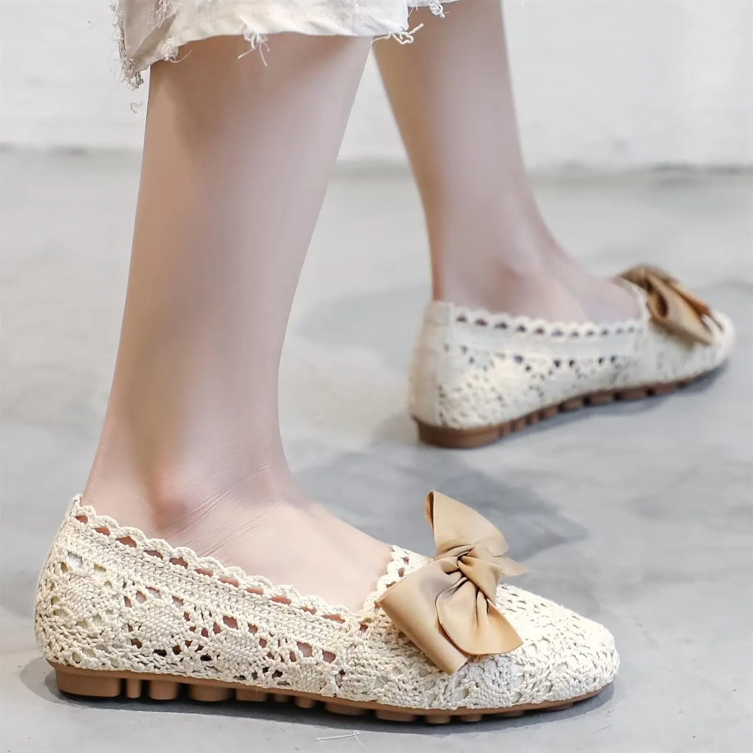 Stunner Women's Round Toe Flats Lace Hollow Breathable Slip on Flat Shoes