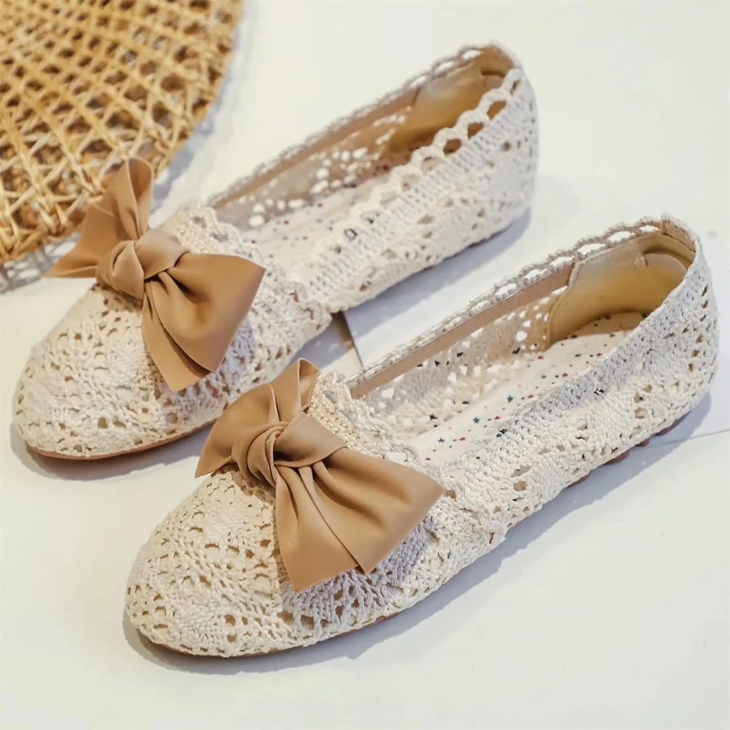 Stunner Women's Round Toe Flats Lace Hollow Breathable Slip on Flat Shoes