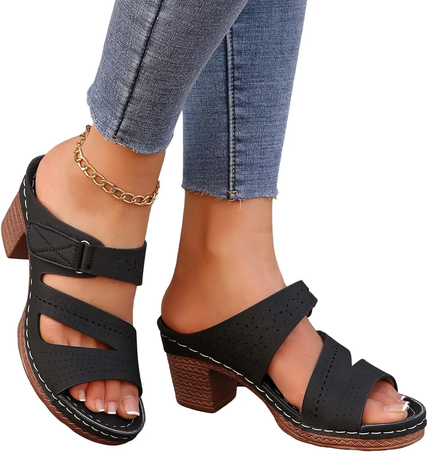 Summer Sandals for Women 2025 Buckle Chunky High Heel Sandals Arch Support Orthopedic Sandal, Hollow Out Open Toe Breathable Wedge Slippers Adjustable Slide Walking Shoes
