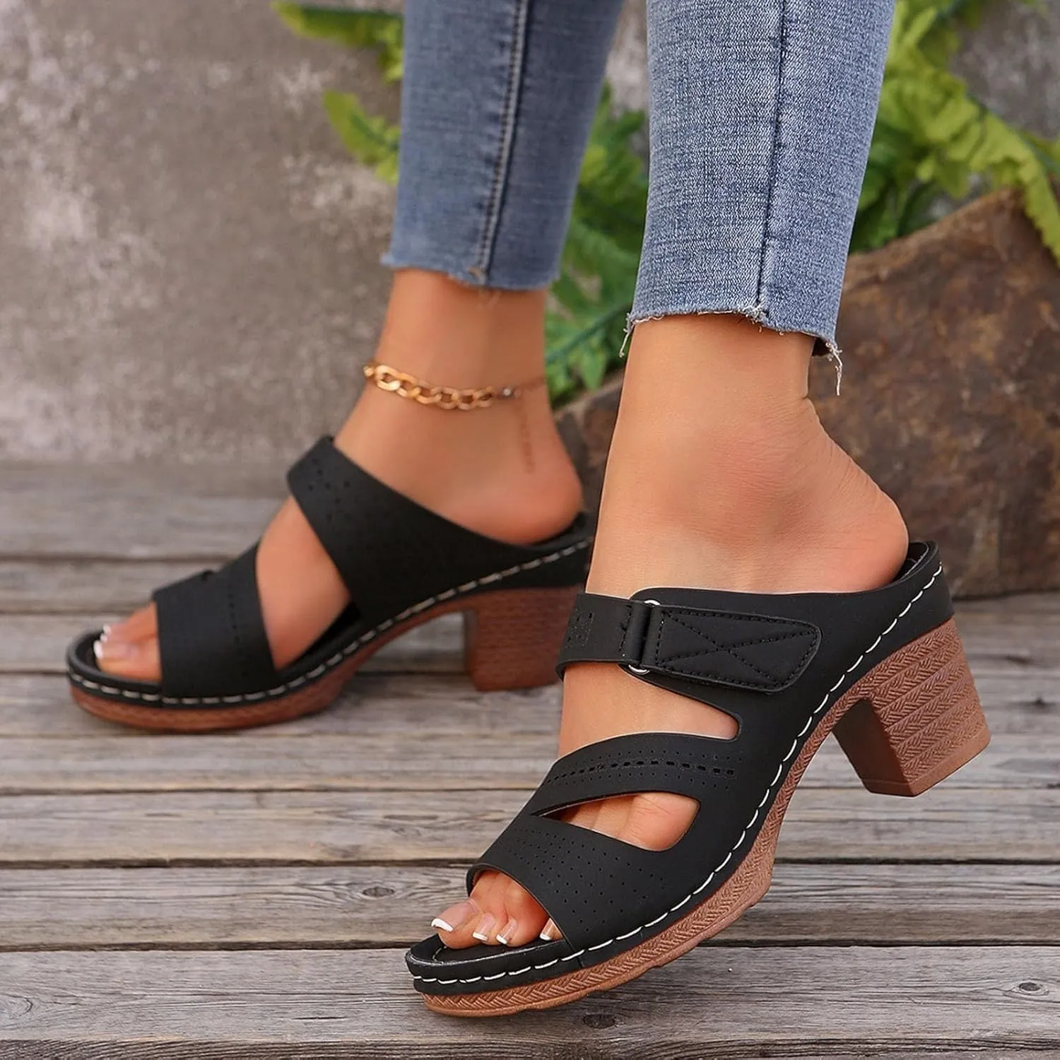 Summer Sandals for Women 2025 Buckle Chunky High Heel Sandals Arch Support Orthopedic Sandal, Hollow Out Open Toe Breathable Wedge Slippers Adjustable Slide Walking Shoes