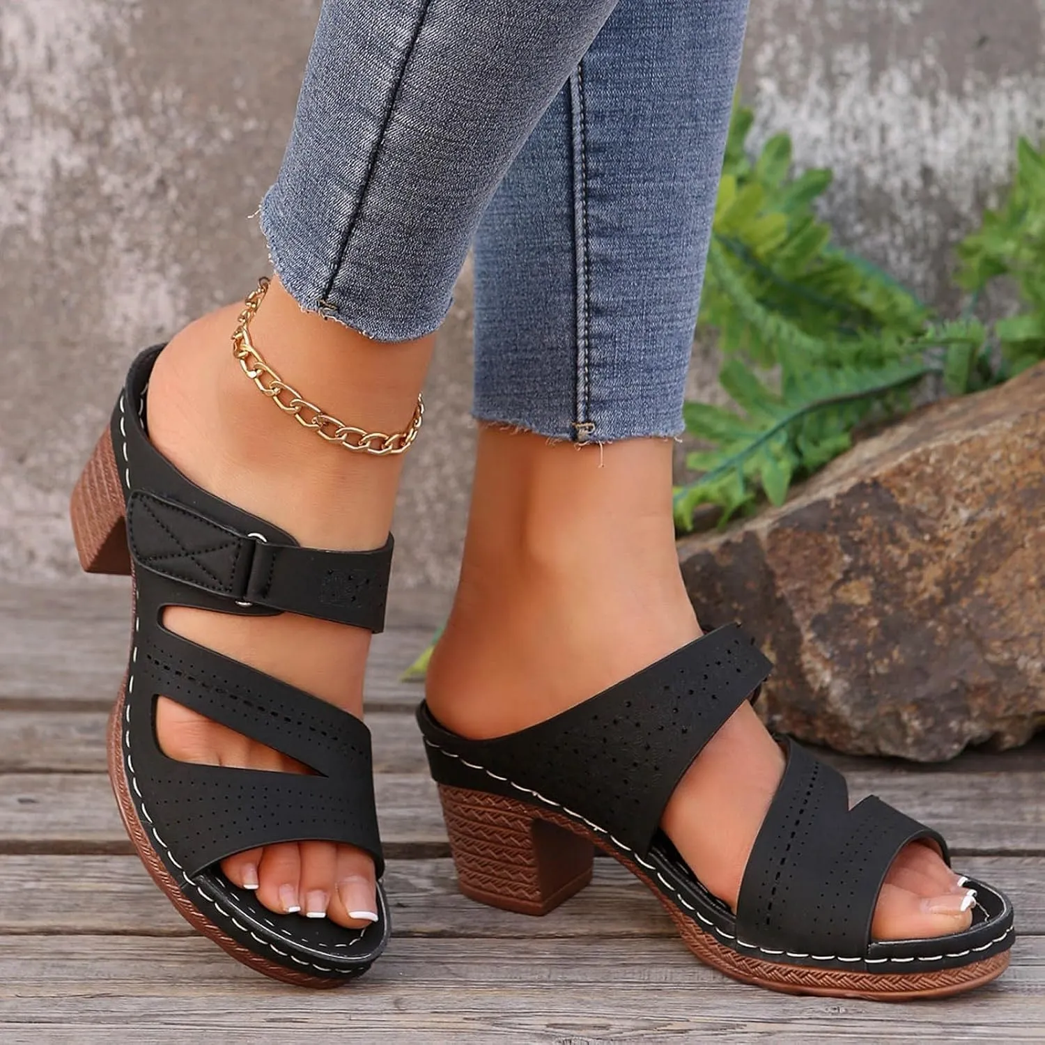 Summer Sandals for Women 2025 Buckle Chunky High Heel Sandals Arch Support Orthopedic Sandal, Hollow Out Open Toe Breathable Wedge Slippers Adjustable Slide Walking Shoes