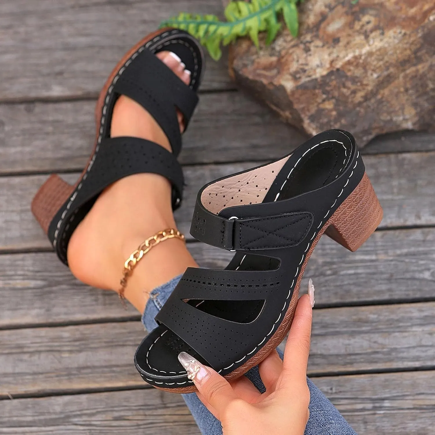 Summer Sandals for Women 2025 Buckle Chunky High Heel Sandals Arch Support Orthopedic Sandal, Hollow Out Open Toe Breathable Wedge Slippers Adjustable Slide Walking Shoes