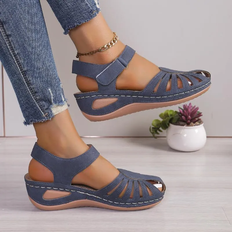 Summer Sandals for Women Fisherman Hollow Out Walking Sandals Closed Toe Slip On Shoes Cushion Platform Arch Support Shoes Casual Breathable Beach Fashion Footwear