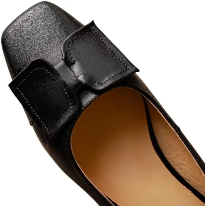 TinaCus Women's Retro Square Toe Genuine Leather Handmade Bowtie Slip On Dress Flats Shoes