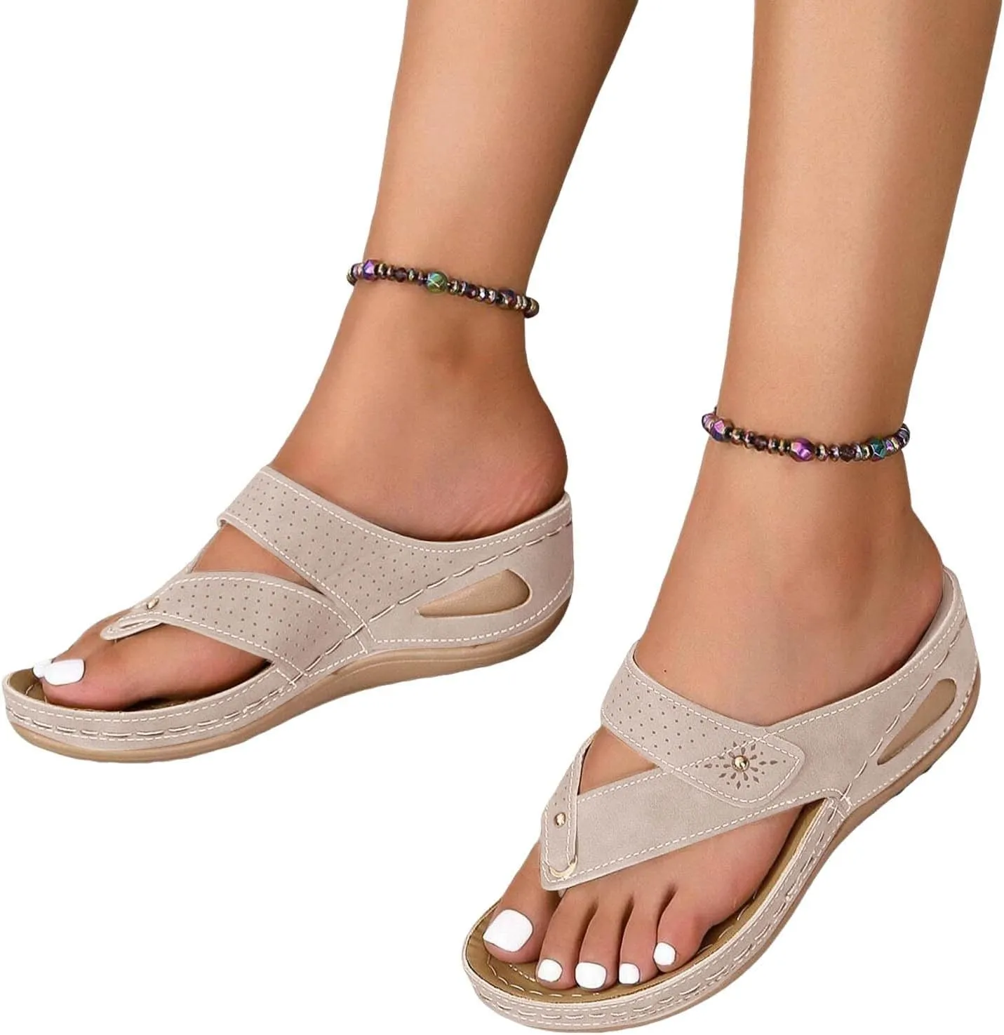 Wedge Heel Shoes for Women Dressy Sandals Low Heel Wide Width 2025 Summer Fashionable Casual Platform Wedge Slip on Thong Sandals Boho Casual High Wedges Walking Strappy Footwear