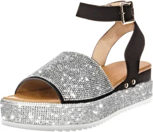 Wedge Sandals for Women Rhinestone Glitter Platform Sandal Fashion Boho Crystal Wedges, Open Toe Ankle Strap Dress Sandals Casual Beach Banquet Flat Shoes All Day Comfort