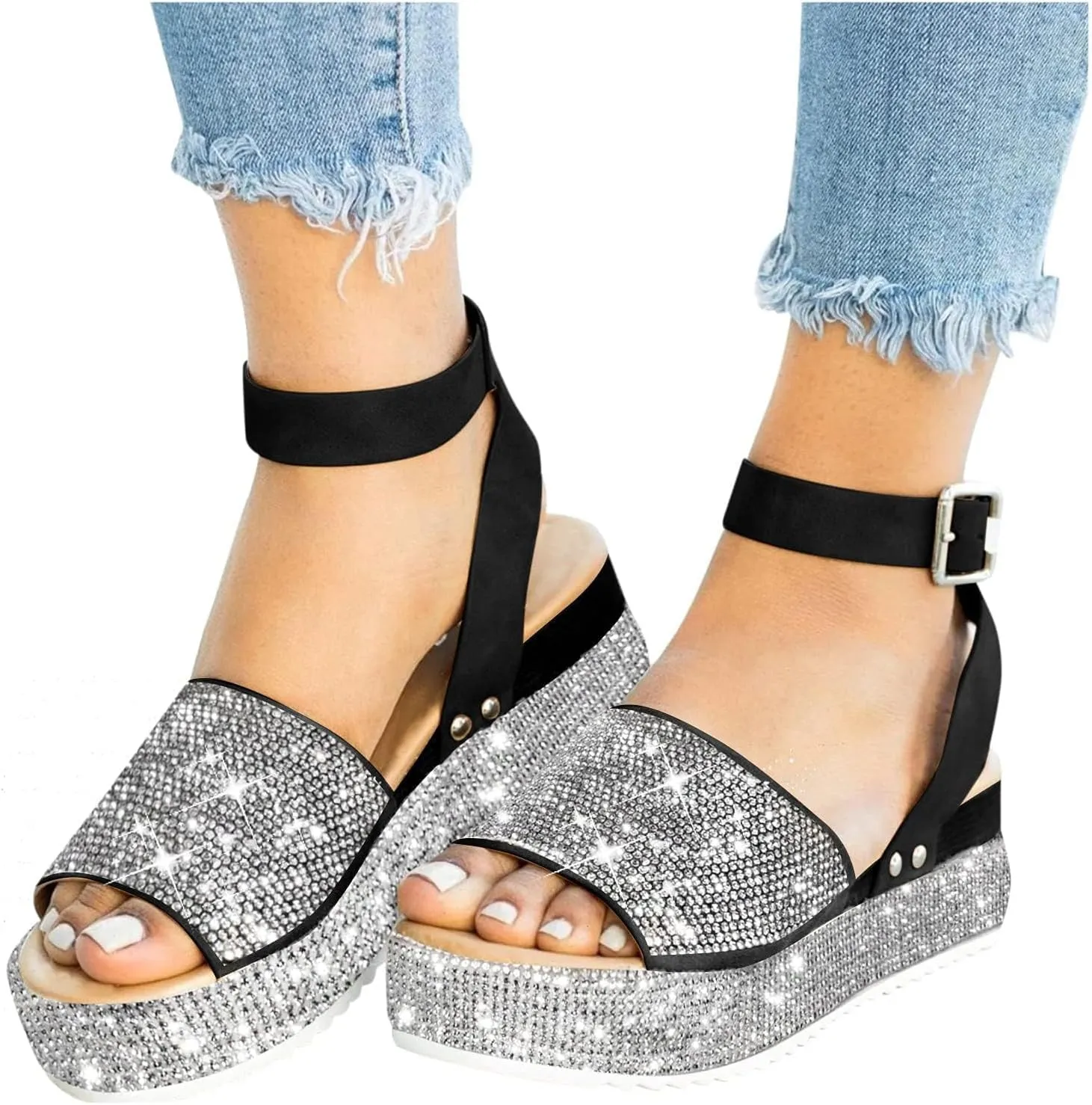 Wedge Sandals for Women Rhinestone Glitter Platform Sandal Fashion Boho Crystal Wedges, Open Toe Ankle Strap Dress Sandals Casual Beach Banquet Flat Shoes All Day Comfort