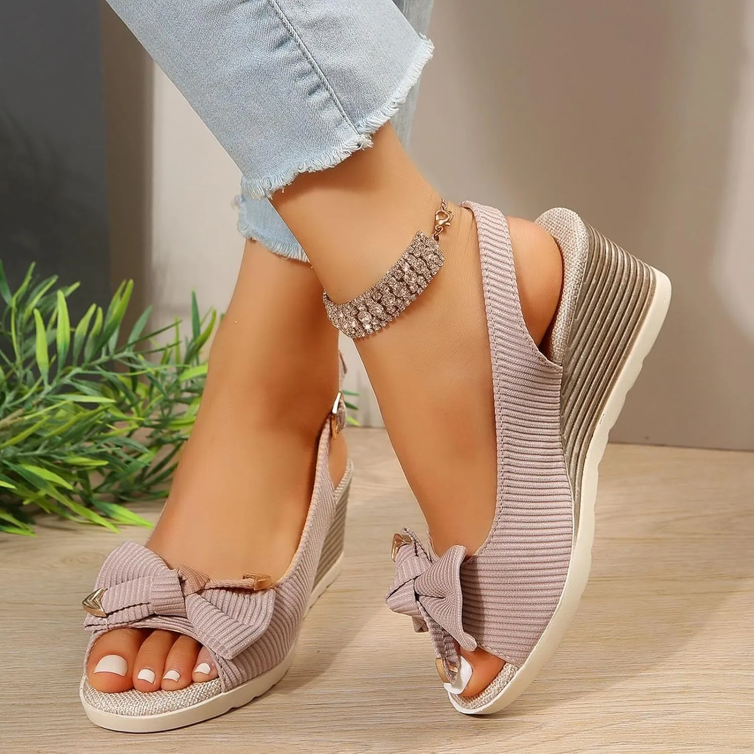 Wedge Sandals for Women Summer Arch Support Platform Wedge Sandals, Comfortable Bow Open Toe Ankle Strap Sandal Boho Beach Casual Slip on Slippers All Day Comfort