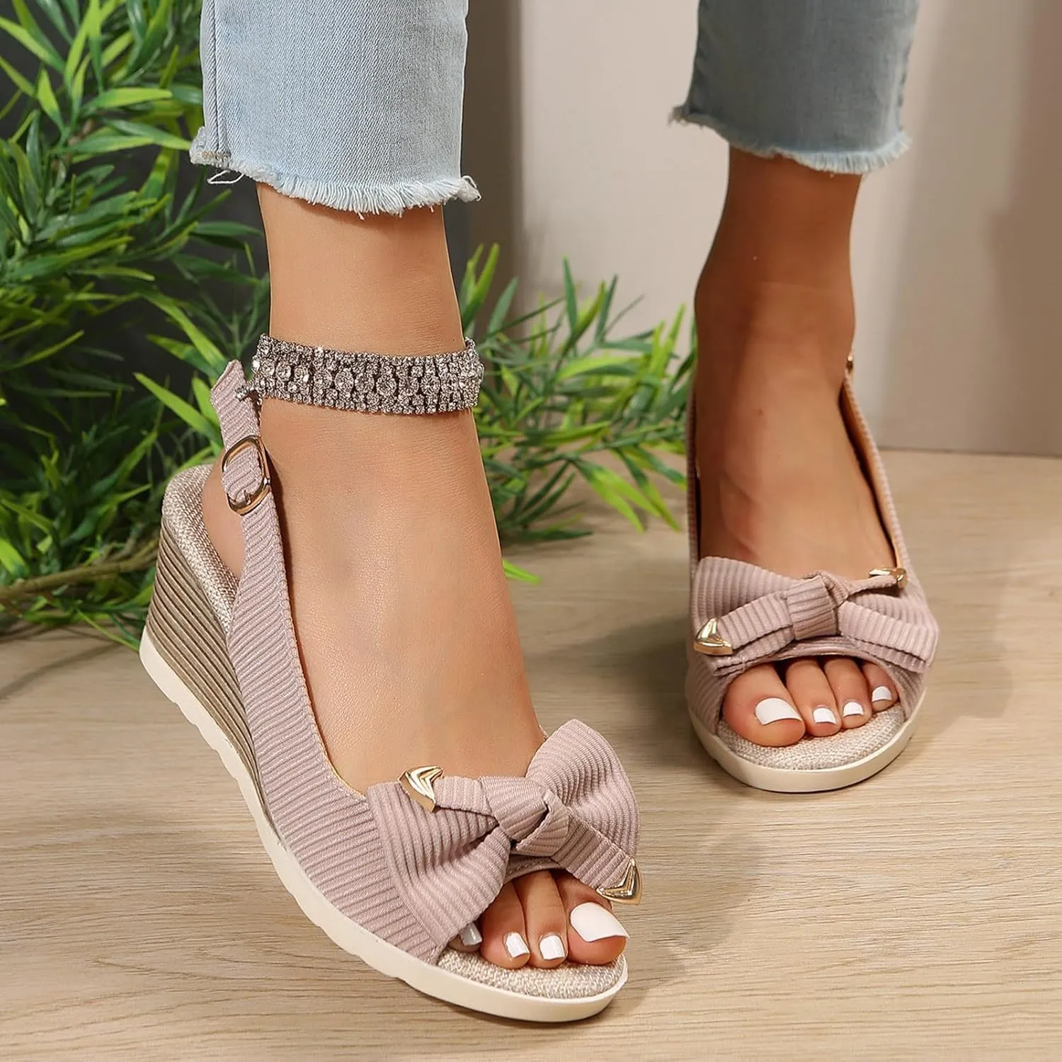 Wedge Sandals for Women Summer Arch Support Platform Wedge Sandals, Comfortable Bow Open Toe Ankle Strap Sandal Boho Beach Casual Slip on Slippers All Day Comfort