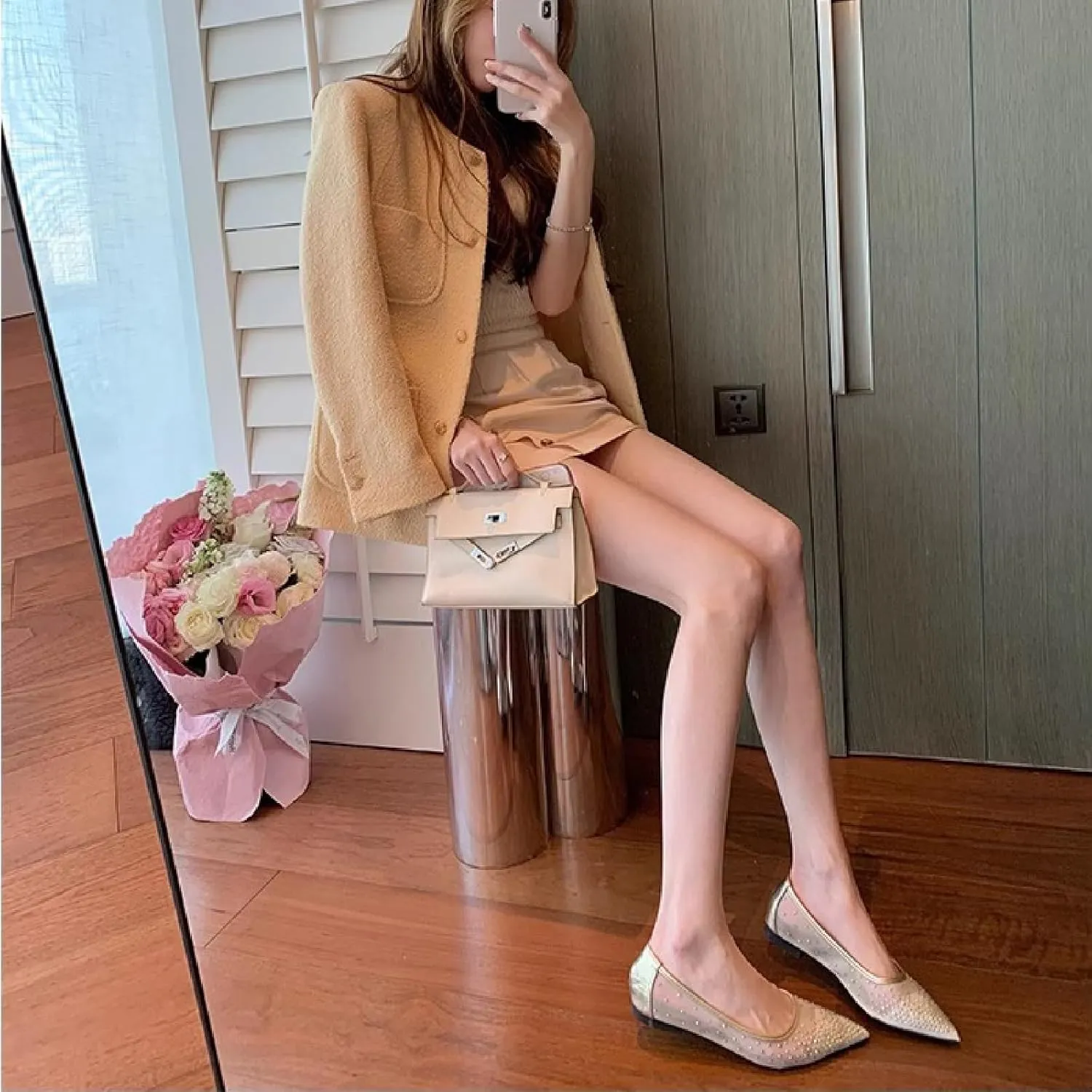 Women Rhinestone Mesh Casual Flats Comfor Breathable Slip On Low Heel Dress Ballet Shoes