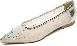 Women Rhinestone Mesh Casual Flats Comfor Breathable Slip On Low Heel Dress Ballet Shoes