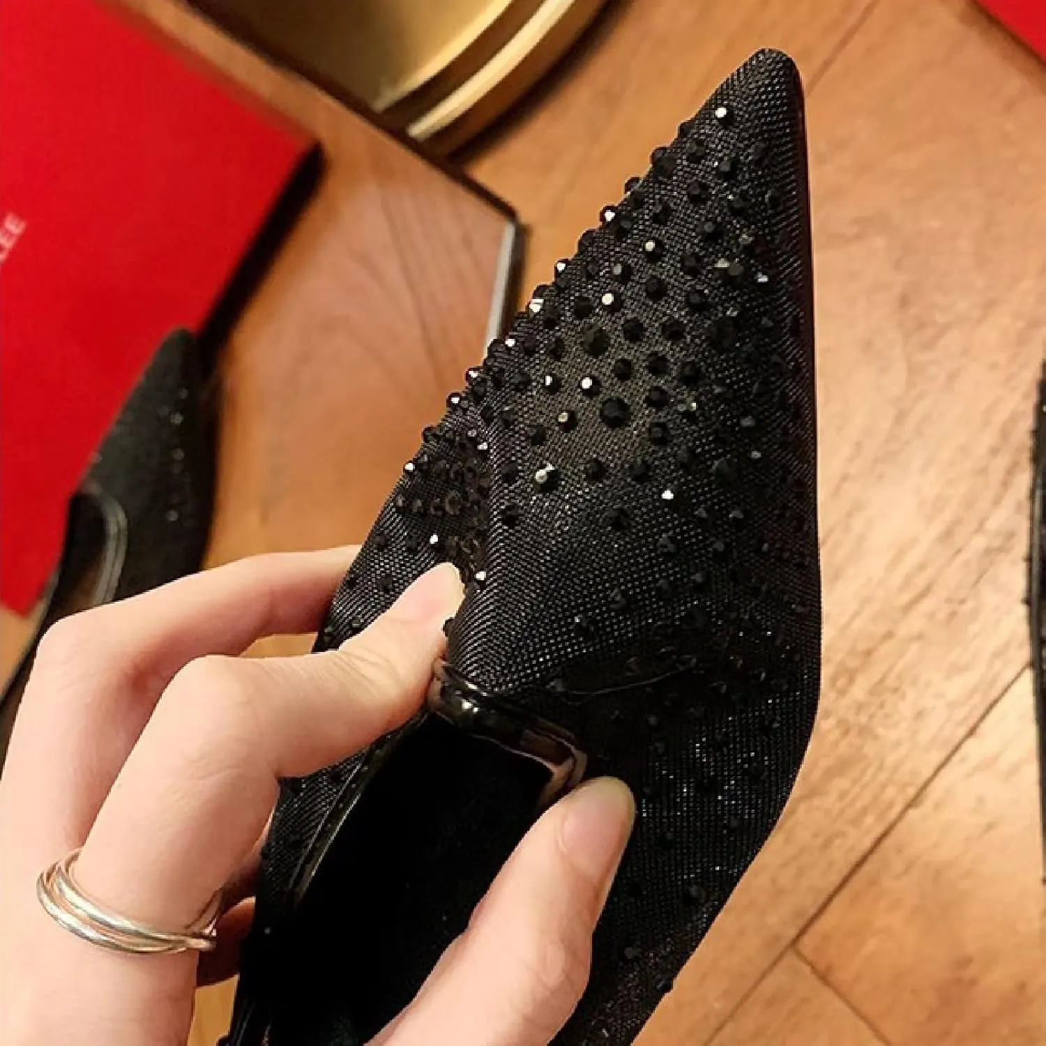 Women Rhinestone Mesh Casual Flats Comfor Breathable Slip On Low Heel Dress Ballet Shoes