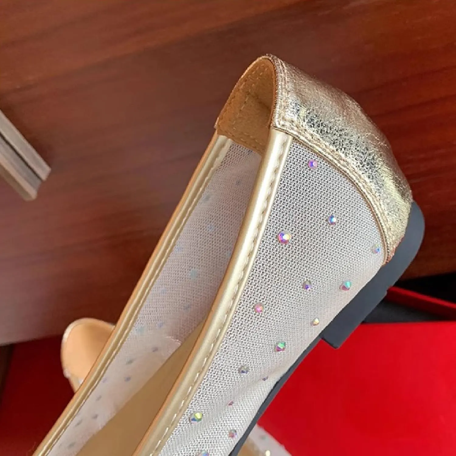 Women Rhinestone Mesh Casual Flats Comfor Breathable Slip On Low Heel Dress Ballet Shoes