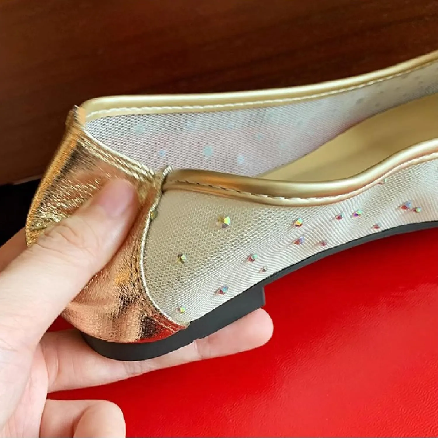 Women Rhinestone Mesh Casual Flats Comfor Breathable Slip On Low Heel Dress Ballet Shoes