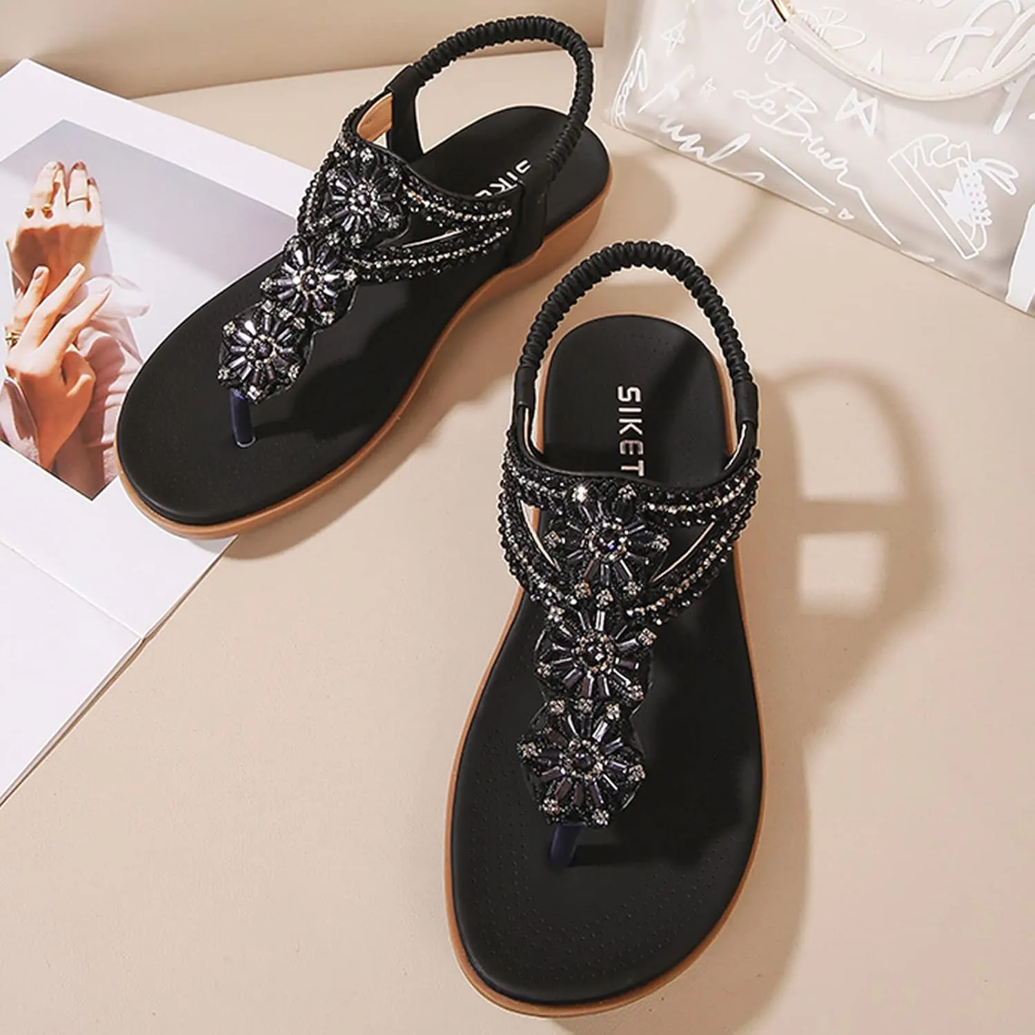 Women's Bohemia Sequins T-strap Flat Sandals Summer Comfortable Flip Flops Beach Thong Sandal Elastic Dress Shoes