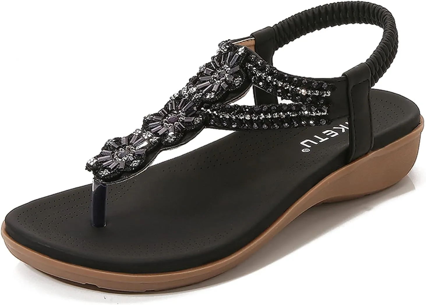 Women's Bohemia Sequins T-strap Flat Sandals Summer Comfortable Flip Flops Beach Thong Sandal Elastic Dress Shoes