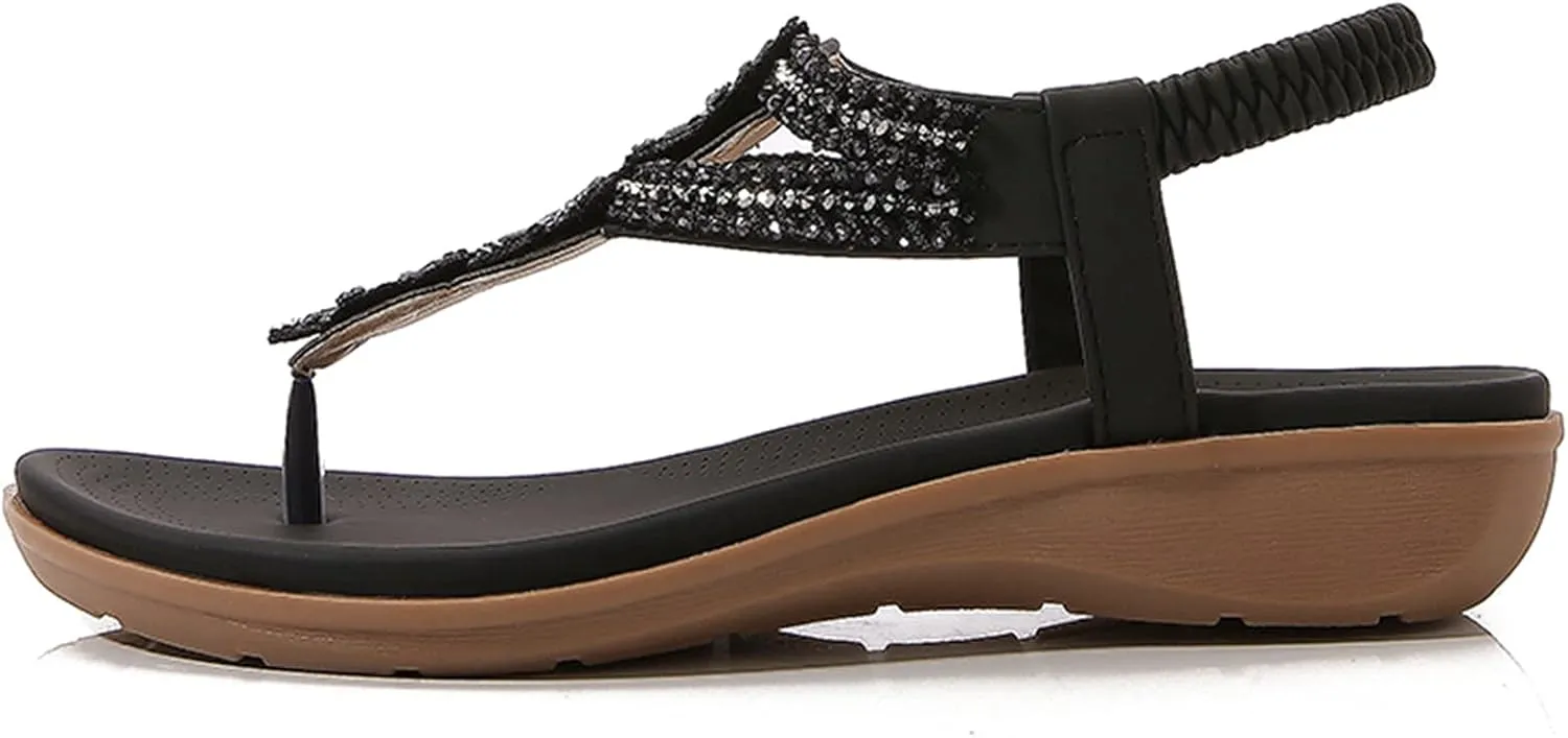Women's Bohemia Sequins T-strap Flat Sandals Summer Comfortable Flip Flops Beach Thong Sandal Elastic Dress Shoes