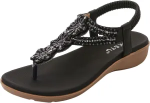 Women's Bohemia Sequins T-strap Flat Sandals Summer Comfortable Flip Flops Beach Thong Sandal Elastic Dress Shoes