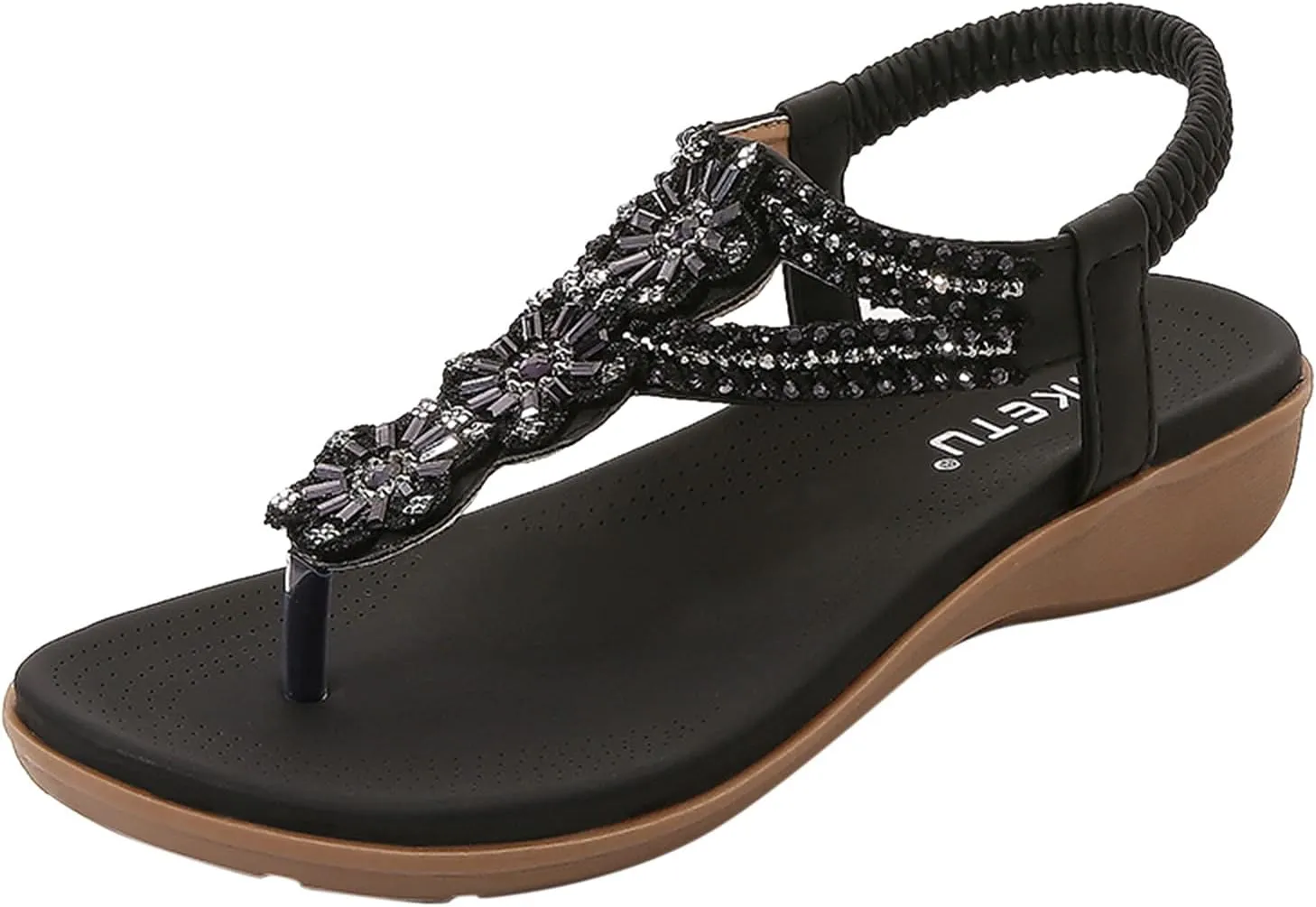 Women's Bohemia Sequins T-strap Flat Sandals Summer Comfortable Flip Flops Beach Thong Sandal Elastic Dress Shoes