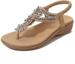 Women's Bohemia Sequins T-strap Flat Sandals Summer Comfortable Flip Flops Beach Thong Sandal Elastic Dress Shoes