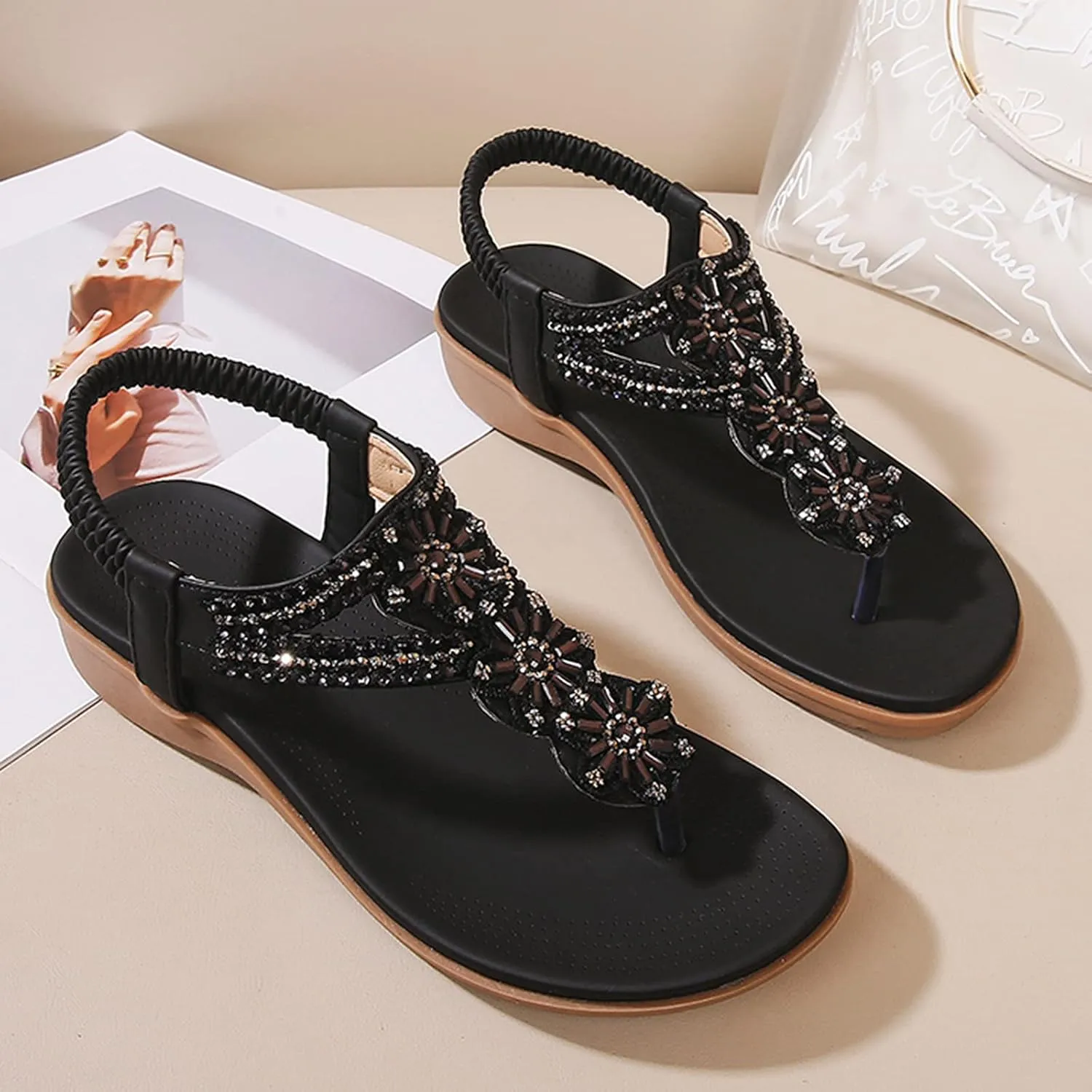 Women's Bohemia Sequins T-strap Flat Sandals Summer Comfortable Flip Flops Beach Thong Sandal Elastic Dress Shoes
