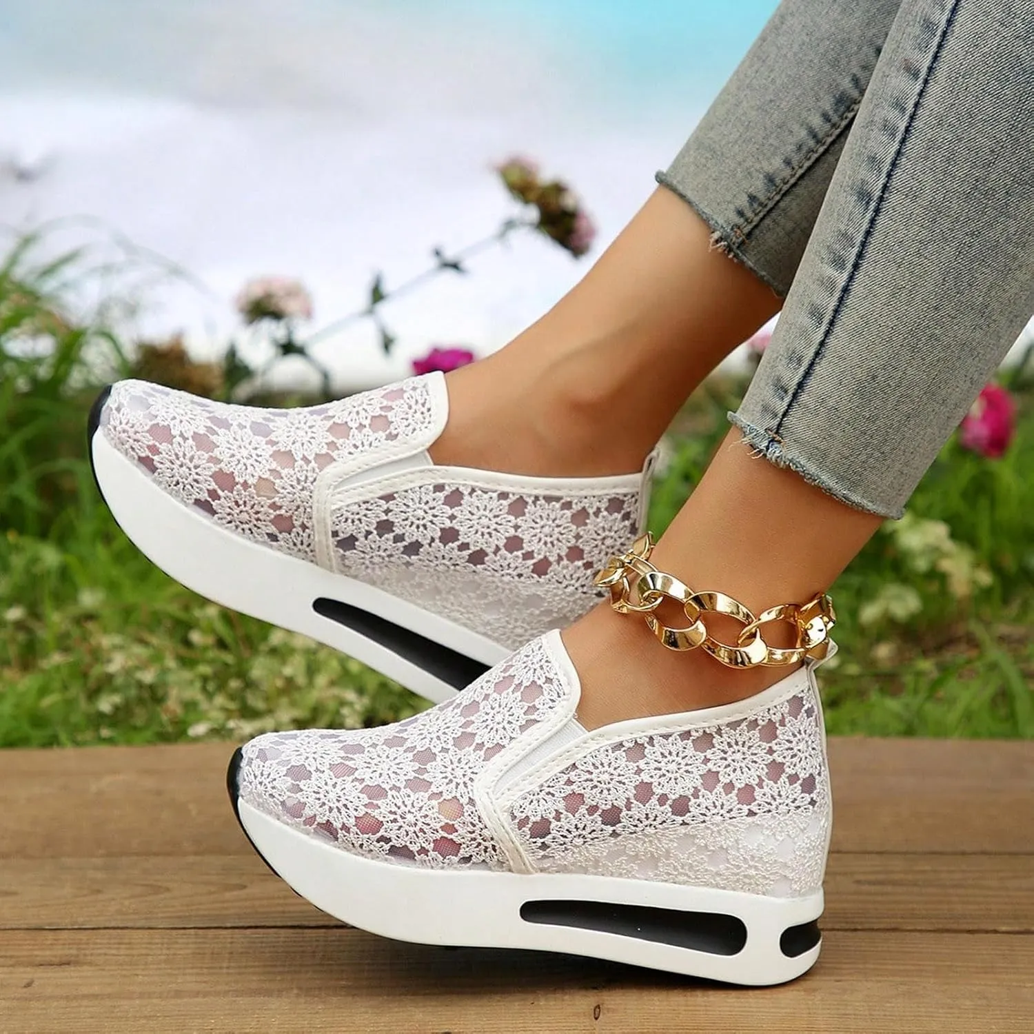Womens Canvas Slip on Sneakers Walking Tennis Flat Dress Loafers Platform Wedge Mesh Shoes Embroidery Sneakers Casual Clip