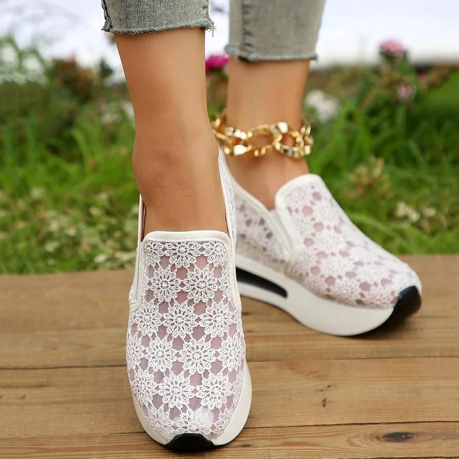 Womens Canvas Slip on Sneakers Walking Tennis Flat Dress Loafers Platform Wedge Mesh Shoes Embroidery Sneakers Casual Clip