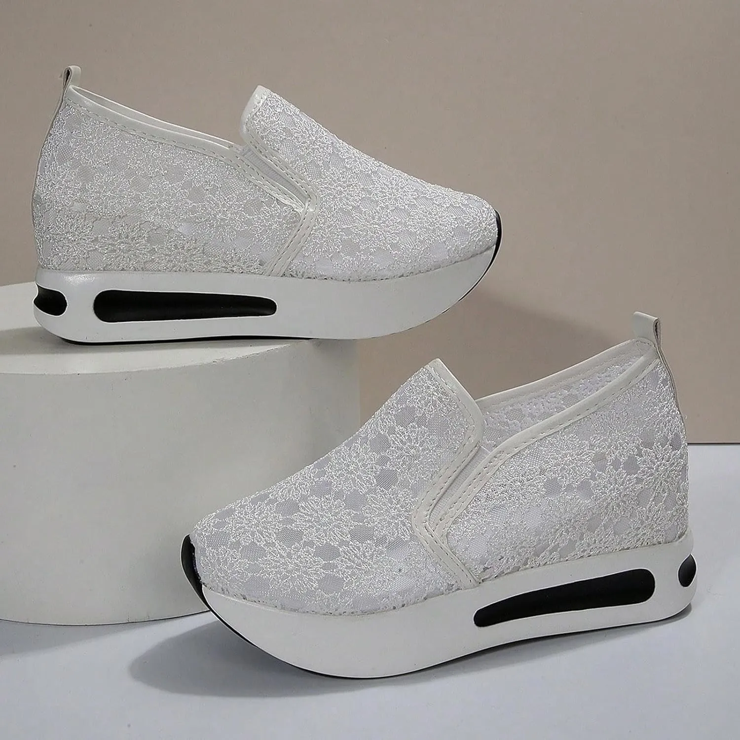 Womens Canvas Slip on Sneakers Walking Tennis Flat Dress Loafers Platform Wedge Mesh Shoes Embroidery Sneakers Casual Clip