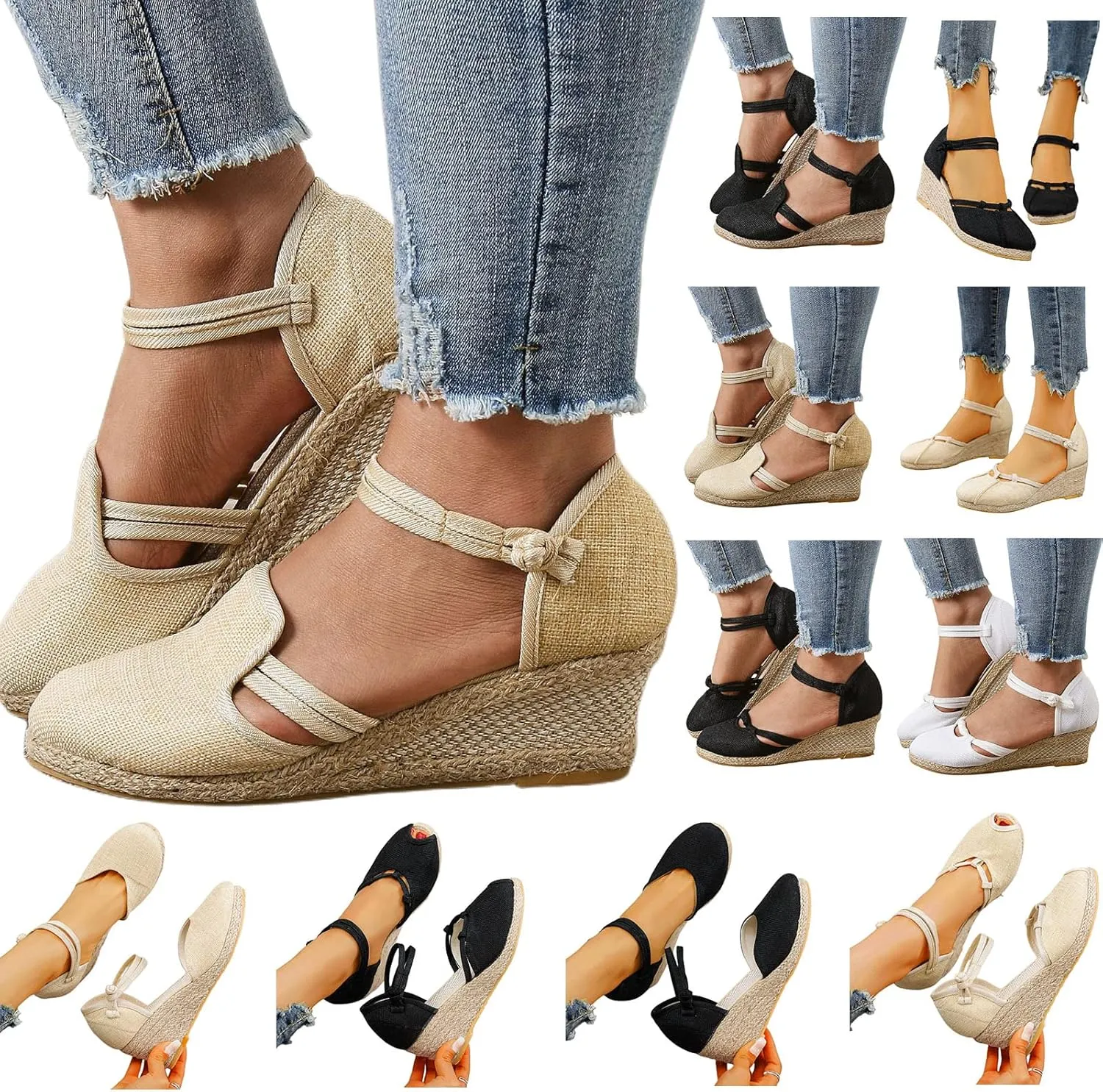 Womens Closed Toe Sandals Dressy Summer Espadrille Non Slip Wedge Heels Sandals Retro Casual Canvas Platform Wedge Sandal with Strappy Ankle Strap