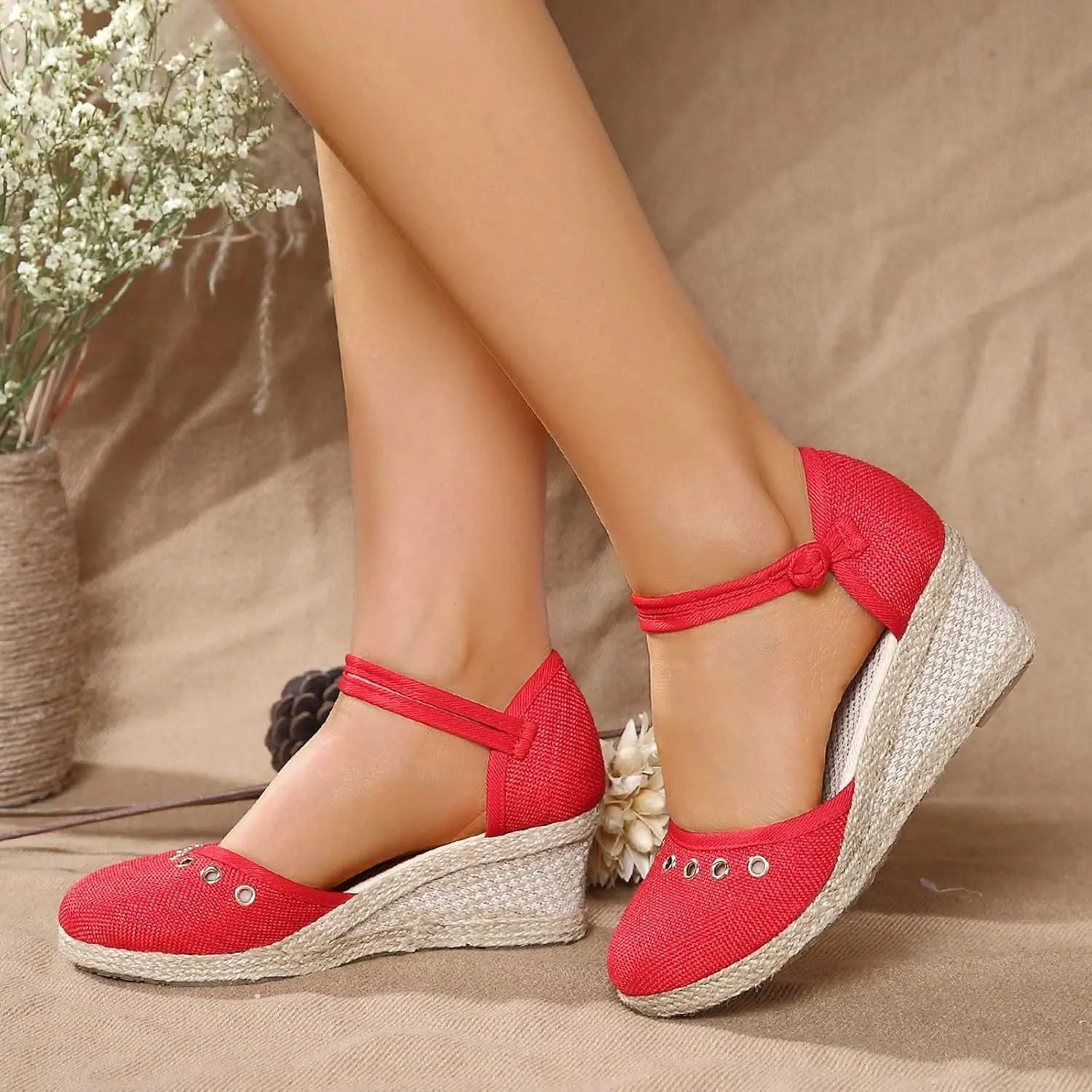 Womens Closed Toe Sandals Dressy Summer Espadrille Non Slip Wedge Heels Sandals Retro Casual Canvas Platform Wedge Sandal with Strappy Ankle Strap