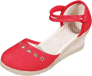 Womens Closed Toe Sandals Dressy Summer Espadrille Non Slip Wedge Heels Sandals Retro Casual Canvas Platform Wedge Sandal with Strappy Ankle Strap