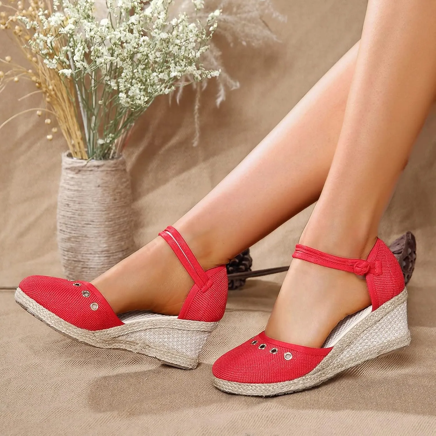 Womens Closed Toe Sandals Dressy Summer Espadrille Non Slip Wedge Heels Sandals Retro Casual Canvas Platform Wedge Sandal with Strappy Ankle Strap