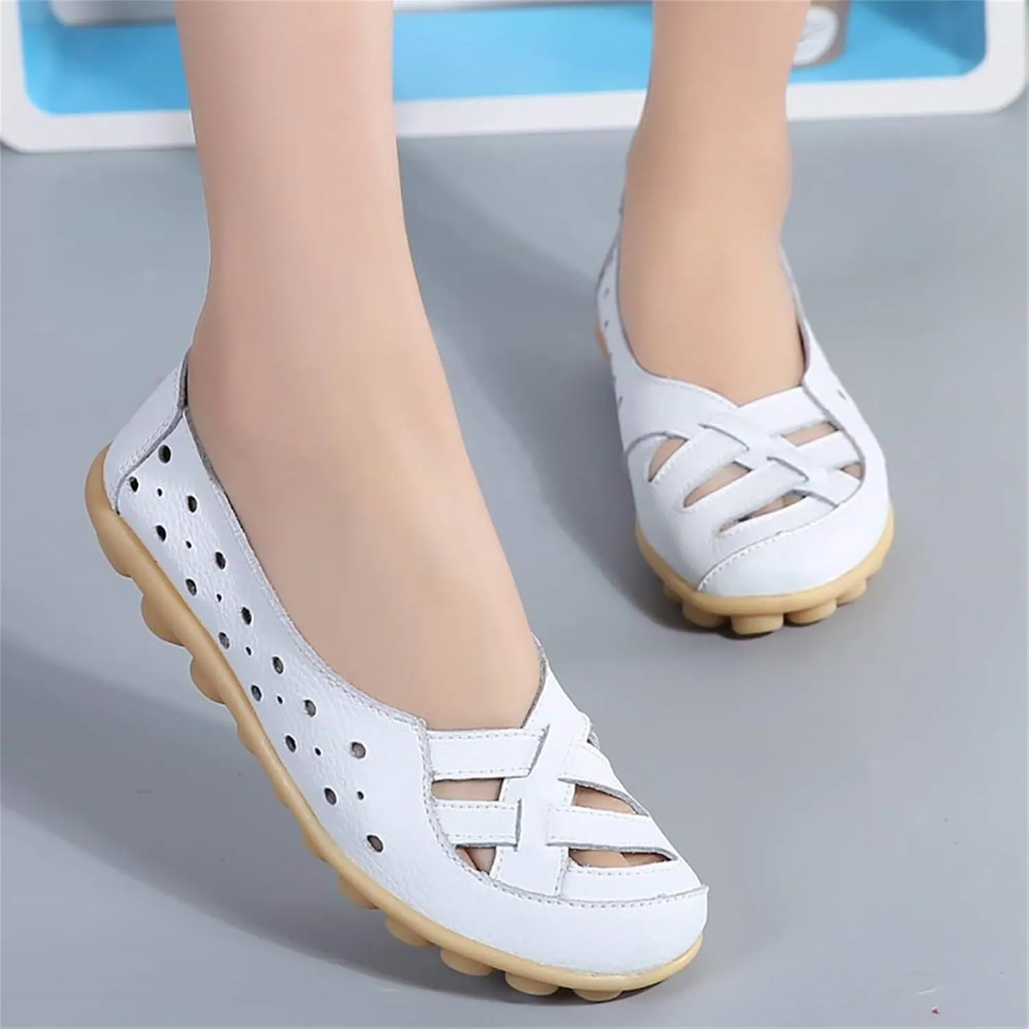 womens comfort sandals Breathable Leather Hollow Out Loafer Flats Summer Slip-On Cutout Sandals Casual Round Toe Orthopedic Loafers Fashion Soft Shoes