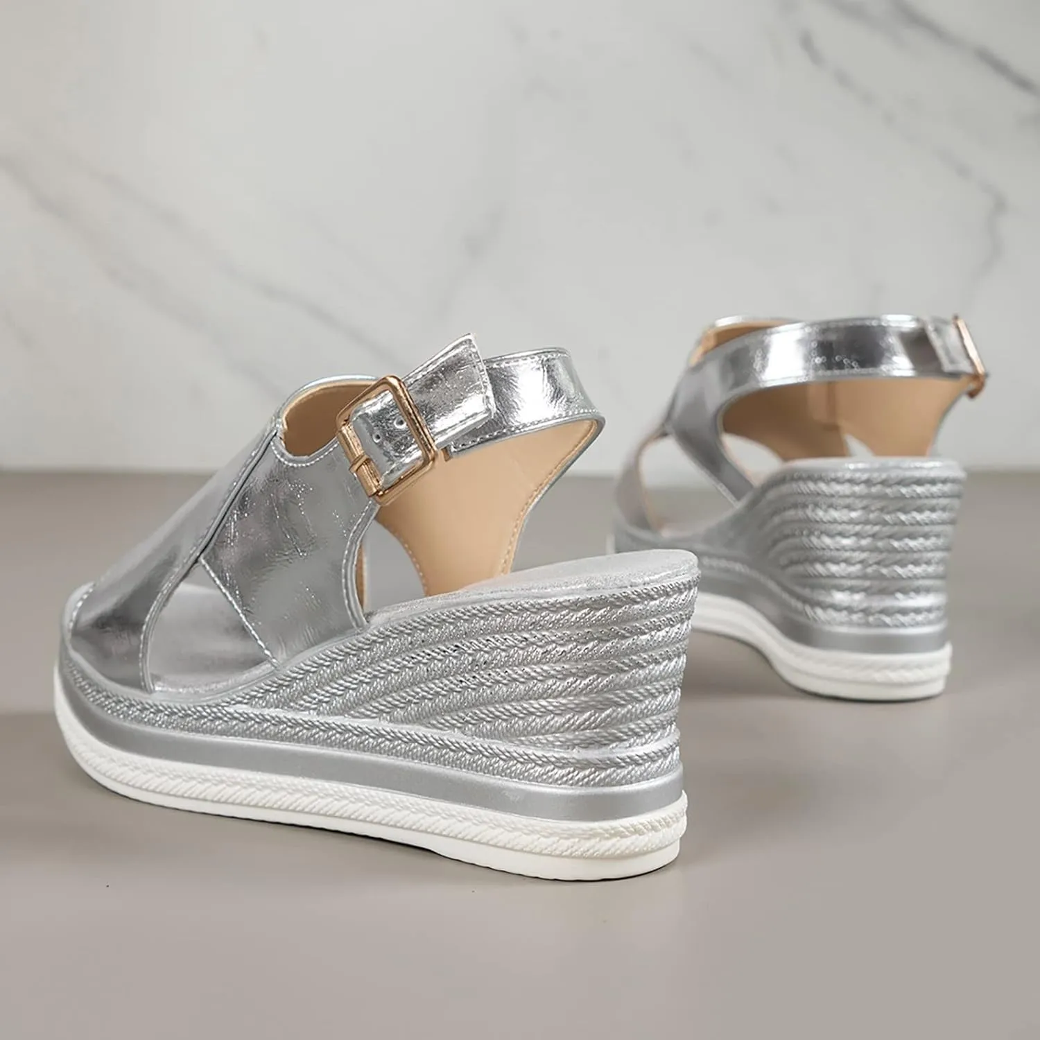 Womens Espadrille Wedge Sandals Open Toe Platform Fish Mouth Silver Ankle Strap Slingback Summer Dress Shoes Rhinestone Wide