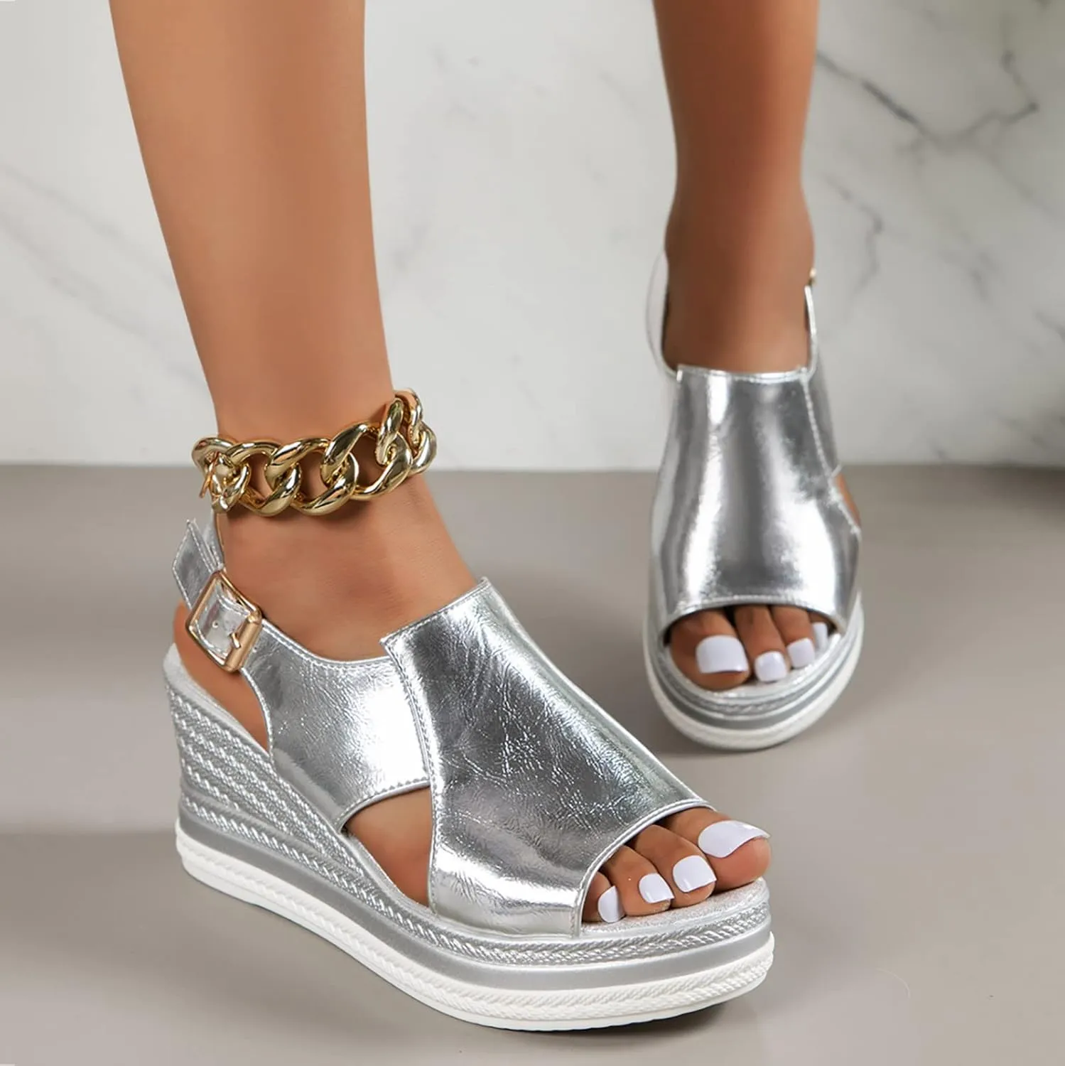 Womens Espadrille Wedge Sandals Open Toe Platform Fish Mouth Silver Ankle Strap Slingback Summer Dress Shoes Rhinestone Wide