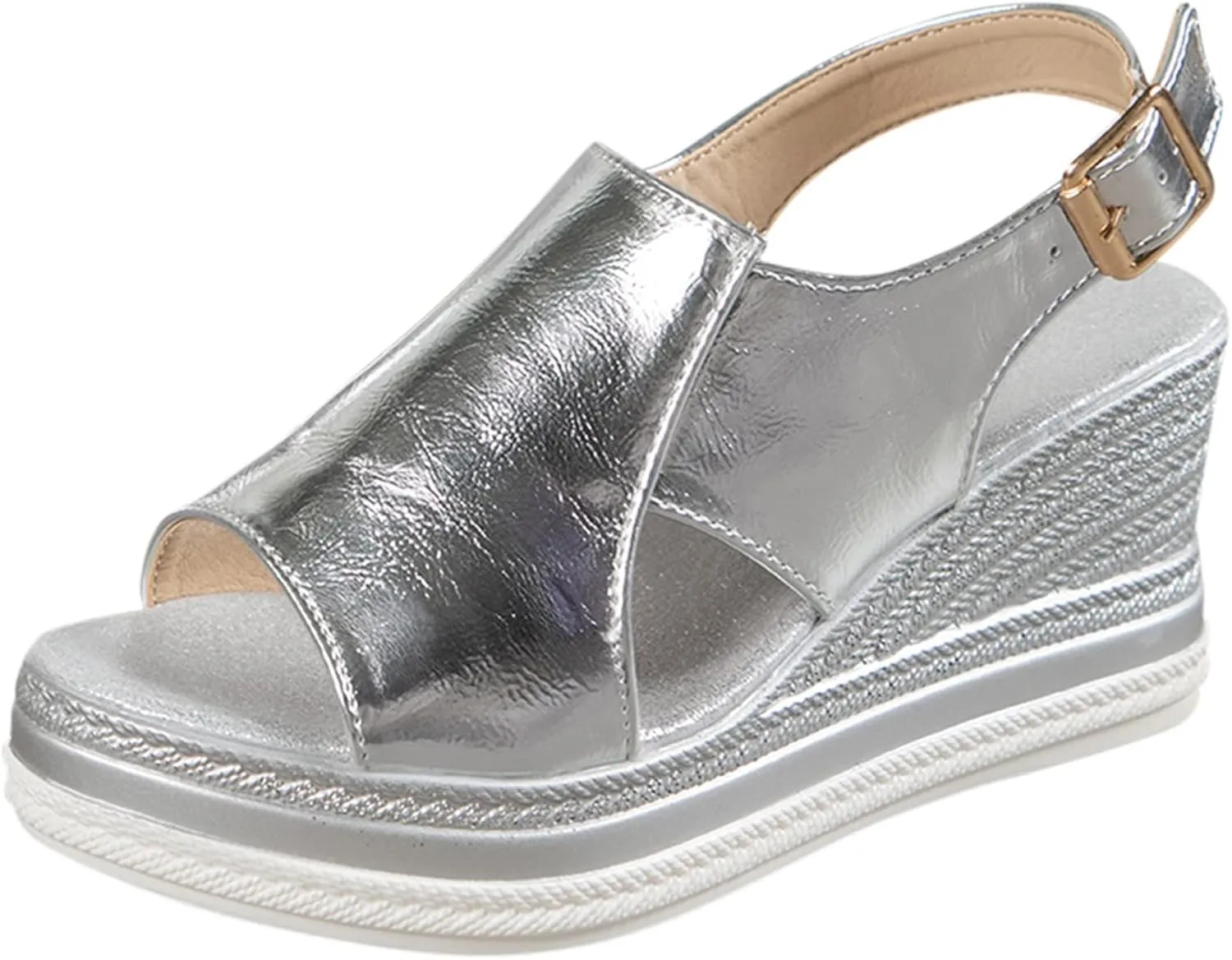 Womens Espadrille Wedge Sandals Open Toe Platform Fish Mouth Silver Ankle Strap Slingback Summer Dress Shoes Rhinestone Wide